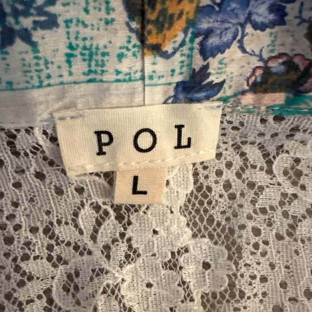 NWOT POL BUTTON LACE SILKY GAUZY BLOUSE BLUE SZ L - Picture 3 of 4
